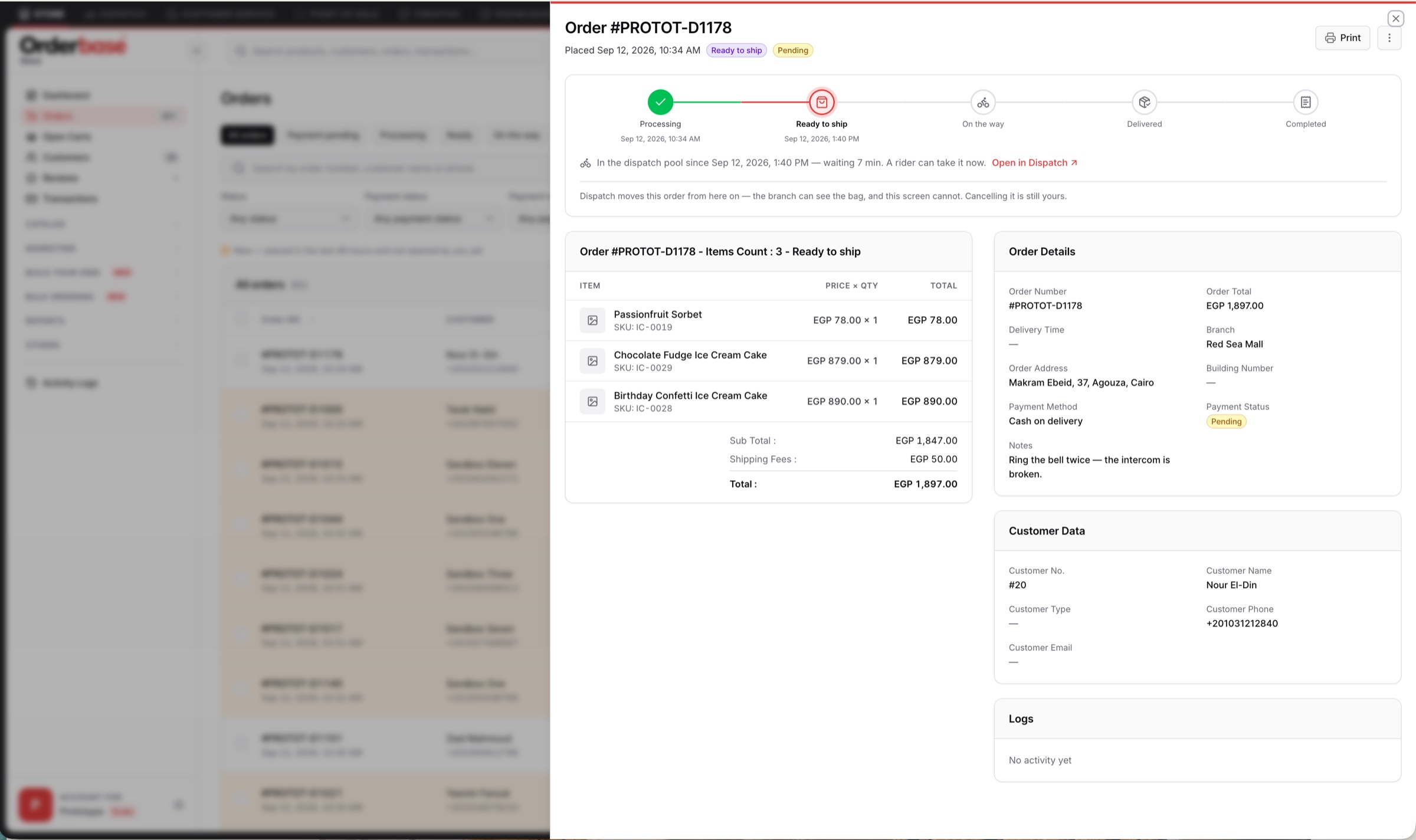 Orderbase order detail drawer with fulfilment timeline, items and delivery information