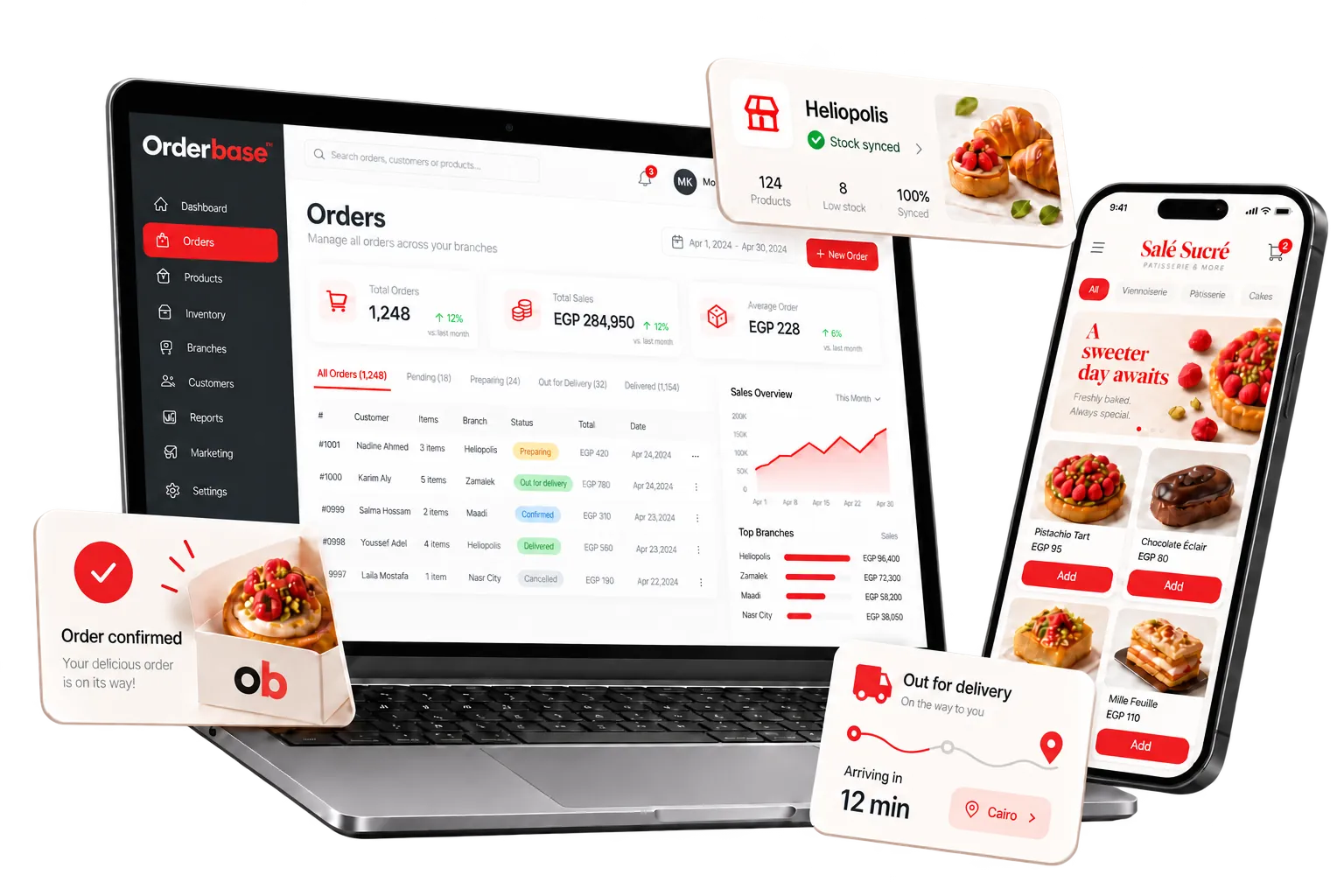 Orderbase dashboard and branded mobile app, shown in full